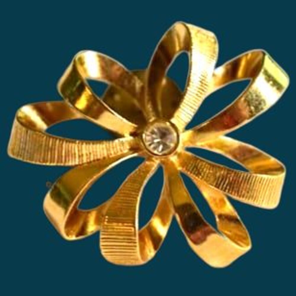 Vintage Ribbon/Bow Texture/Smooth Gold Tone Clear RhinestonePin/ Brooch